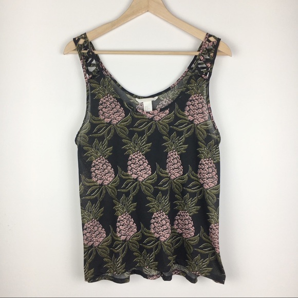 H&M Tops - H&M Botanical Pineapple Print Lattice Tank Shirt M